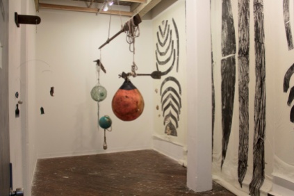 An example of how the sculptural installation and prints interact in the Grizzly Grizzly Gallery