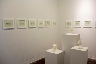Installation view: Laura Splan, Manifest, (on pedestals) and Gail Wight, Recursive Mutations, (on wall)